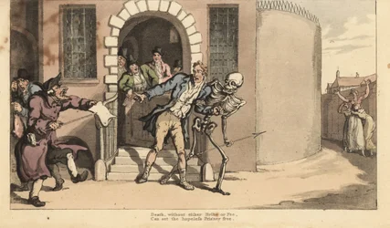 Dödens skelett befriar en fånge från gäldenärens fängelse inför hans upprörda familj. Handfärgad kopparplåt tecknad och graverad av Thomas Rowlandson från The English Dance of Death, Ackermann, London