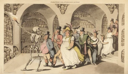 Dödens skelett guidar en grupp turister genom katakomberna i Paris. Handfärgad kopparplåt tecknad och graverad av Thomas Rowlandson från The English Dance of Death, Ackermann, London