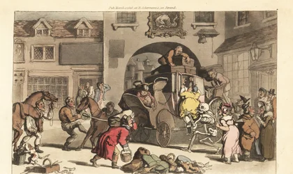 Dödens skelett hjälper en stor matron till den ödesdigra sista scenen. Handfärgad kopparplåt tecknad och graverad av Thomas Rowlandson från The English Dance of Death, Ackermann, London