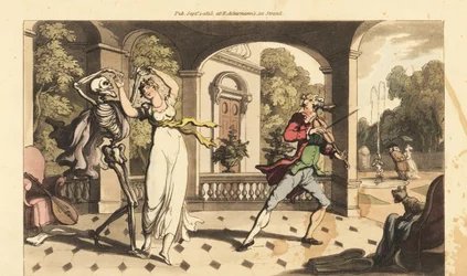 Dödens skelett i en udde dansar en sista vals med sköra Caelia, medan hennes danslärare ser bestört ut. Handfärgad kopparplåt tecknad och graverad av Thomas Rowlandson från The English Dance of Death, Ackermann, London