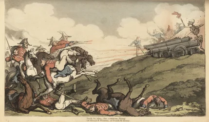 Dödens skelett avfyrar en störtflod av kanoneld mot en engelsk kavalleriladdning. Handfärgad kopparplåt tecknad och graverad av Thomas Rowlandson från The English Dance of Death, Ackermann, London