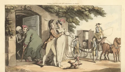 Dödens skelett leder en gammal man in i ett mausoleum och lämnar hans unga änka fri att gifta om sig. Handfärgad kopparplåt tecknad och graverad av Thomas Rowlandson från The English Dance of Death, Ackermann, London