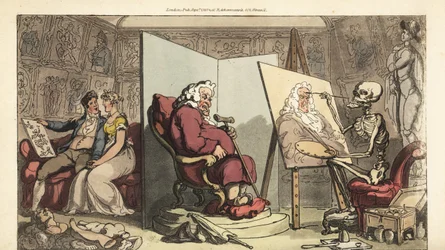 Dödens skelett målar ett porträtt av en Alderman, medan hans unga tjänarinna flirtar med en galant konstnär bakom skärmen. Handfärgad kopparplåt tecknad och graverad av Thomas Rowlandson från The English Dance of Death, Ackermann, London