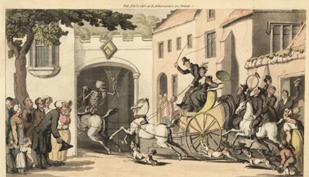 Dödens skelett rider före en hög tandem som bär nästa arvtagare till sin undergång under en låg båge. Handfärgad kopparplåt tecknad och graverad av Thomas Rowlandson från The English Dance of Death, Ackermann, London