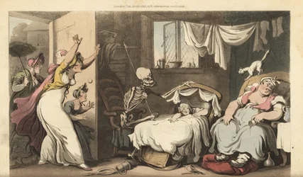 Dödens skelett vaggar en babys vagga medan barnskötaren sover och den upprörda mamman kommer hem. Handfärgad kopparplåt tecknad och graverad av Thomas Rowlandson från The English Dance of Death, Ackermann, London