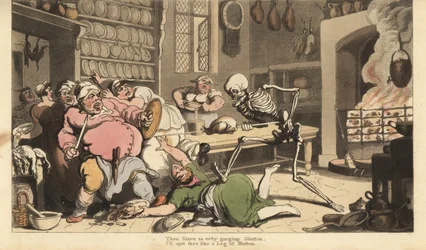Dödens skelett hugger ihjäl en fet kock med ett spett som håller i en stekt kyckling. Handfärgad kopparplåt tecknad och graverad av Thomas Rowlandson från The English Dance of Death, Ackermann, London