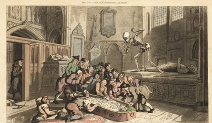 Dödens skelett ser antikvarier gräva upp en kungs lik från en krypta i en kyrka. Handfärgad kopparplåt tecknad och graverad av Thomas Rowlandson från The English Dance of Death, Ackermann, London