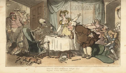 Dödens skelett med pil och timglas kommer för frossaren när han kalasar vid middagen. Handfärgad kopparplåt tecknad och graverad av Thomas Rowlandson från The English Dance of Death, Ackermann, London