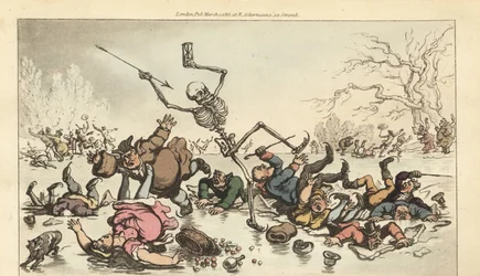 Dödens skelett med pil- och timglasåkning på en frusen damm när andra skridskoåkare faller genom den brutna isen. Handfärgad kopparplåt tecknad och graverad av Thomas Rowlandson från The English Dance of Death, Ackermann, London