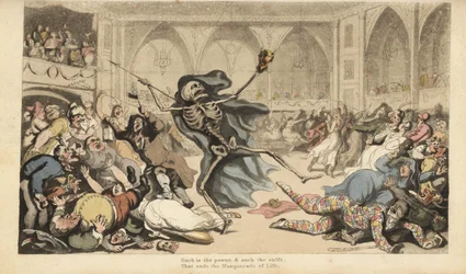Dödens skelett med sin pil orsakar ett upplopp bland harlekiner, jockeys, nunnor, turkar och dårar på en maskeradbal. Handfärgad kopparplåt tecknad och graverad av Thomas Rowlandson från The English Dance of Death, Ackermann, London