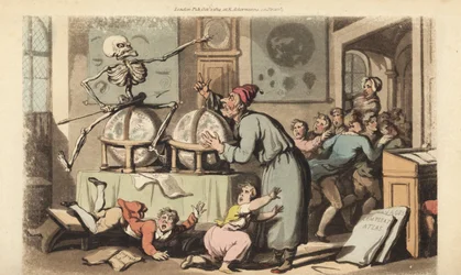 Dödens skelett med sin pil kommer för en skolmästare när han lär ut astronomi till en klass barn som flyr i skräck. Handfärgad kopparplåt tecknad och graverad av Thomas Rowlandson från The English Dance of Death, Ackermann, London