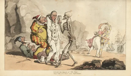 Dödens skelett med timglas och pil kommer för en Pierrot och andra clowner, medan en harlekin dansar med en kvinna på en strand. Handfärgad kopparplåt tecknad och graverad av Thomas Rowlandson från The English Dance of Death, Ackermann, London