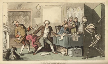 Statsmannen på hans kontor är överraskad av Dödens skelettfigur med sin krona och pil som dyker upp bakom en skärm. Handfärgad kopparplåt tecknad och graverad av Thomas Rowlandson från The English Dance of Death, Ackermann, London
