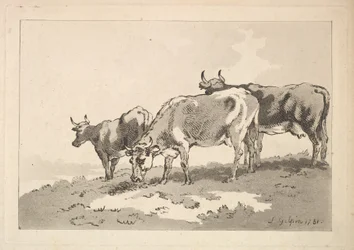 Tre kor som står på kanten av ett fält, 1784-87.
