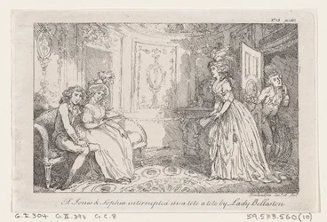Tom Jones & Sophia avbröt i en tete en tete av Lady Bellaston, från The History of To..., 1792.