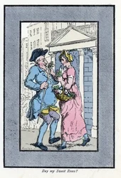 Resande blomsterförsäljare, närmar sig en leende herre med en liten bukett rosor (1819). Trästick, baserad på en målning av Thomas Rowlandson (1756-1827), publicerad i The Cris of London: med sex charmiga barn och nästan 40 illustrationer, b.