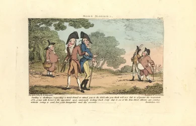 Två Regency-herrar på väg att utkämpa en duell med pistoler.