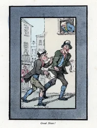 Två tidningsförsäljare med långa visselpipor som säljer tidningar på en gata i London. Trägravyr, baserad på en målning av Thomas Rowlandson (1756-1827), publicerad i The Cris of London: med sex charmiga barn och nästan 40 illustrationer, av Andrew Tuer,