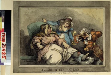 A bordell owner on her last leg (A bawd on her last legs) Teckning av Thomas Rowlandson (1756-1827). Färgetsning, 27,4 x 37 cm