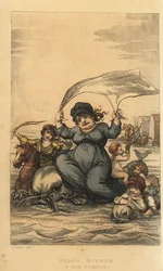 Änkan Ducker och hennes nymfer. Kvinna och barn som badar i havet med delfiner och badmaskiner. Handkolorerad kopparstick av Thomas Rowlandson efter en skiss av J. Green från Poetical Sketches of Scarborough, Ackermann, London