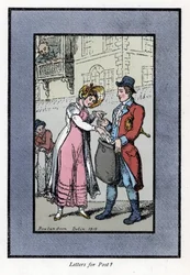 Kvinna betalar och lägger ett brev i en väska som bärs av en anställd på British Royal Post Office. Trägravyr, baserad på en målning av Thomas Rowlandson (1756-1827), publicerad i The Cris of London: with six charming children and nearly 40 illustrations, 