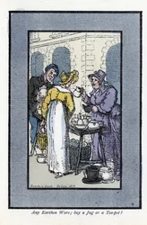 Kvinna som säljer kannor, tekannor och skålar har ett gathörn. En elegant ung kvinna tittar på varorna. Trägravyr, baserad på en målning av Thomas Rowlandson (1756-1827), publicerad i The Cris of London: med sex charmiga barn och nästan 40 illust.