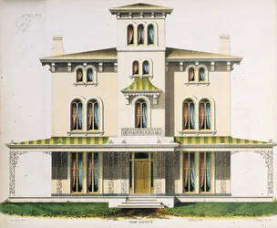 Främre höjd för villa nr 1, från "Arkitektoniska mönster för modellbostäder på landet"