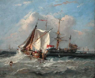 Ett holländskt Smalschip i en stark bris (olja ombord)