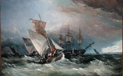 Shrimp Cutters off the Nore, Sheerness in the Distance, c.1854 (olja på duk)