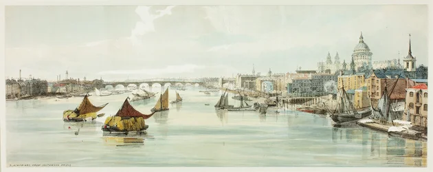 Blackfriars, från Southwark Bridge, tallrik sex från Original Views of London as It Is