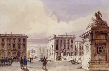 Hotel de Bellevue och Cafe d"Amitie sett från parken, Bryssel, 1830