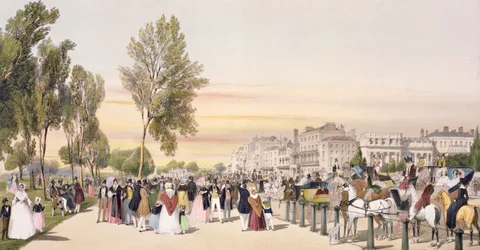 Hyde Park, nära Grosvenor Gate, från "London As It Is", graverad och pub. av konstnären, 1842