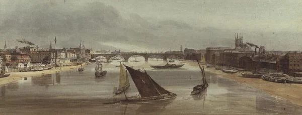 London Bridge från Southwark Bridge (monument till vänster)