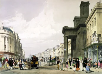 Regent Street med utsikt mot kvadranten med Hannover-kapellet i förgrunden och shoppare som promenerar, 1842
