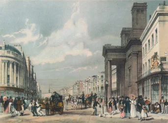 Utsikt över Regent Street med utsikt mot kvadranten med Hannoverkapellet i förgrunden, 1842