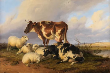 Får och nötkreatur på träskmarkerna (olja på duk)