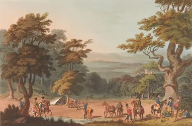 En avlägsen vy av Ciudad Roddrigo, ca 1810-11 (akvatint, färgad)