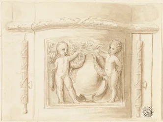 Bas av pilaster med relief, med 2 putti, sköld