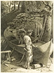 ?Robinson Crusoe och fredag gör en båt? från ?The Life and Strange Surprising Adventures of Robinson Crusoe, or York, Mariner? av Daniel Defoe