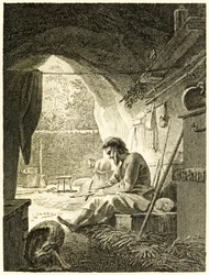 ?Robinson Crusoe på jobbet i sin grotta? från ?The Life and Strange Surprising Adventures of Robinson Crusoe, or York, Mariner? av Daniel Defoe