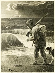 ?Robinson Crusoe upptäcker avtrycket av en mans fot? från ?The Life and Strange Surprising Adventures of Robinson Crusoe, or York, Mariner? av Daniel Defoe