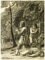 ?Robinson Crusoe ser och räddar sin man först på fredag? från ?The Life and Strange Surprising Adventures of Robinson Crusoe, or York, Mariner? av Daniel Defoe