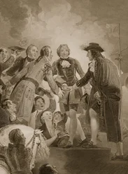Landstigningen av William 3rd vid Torbay, graverad av George Noble, illustration från David Humes "The History of England", publicerad av R. Bowyer, London, 1812.