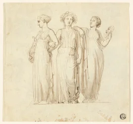 Tre musor (rekto); Studie av riddare och munk för en illustration i en gotisk roman (verso)