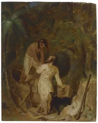 Båtbyggnad av Robinson Crusoe och fredag, c.1856