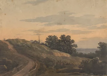Kuperat landskap med hus, stig och figurer