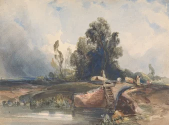 Landskap med kanal och sluss; Figurer vid Lock