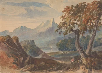 Landskap med berg, sjöslott, sittande figur i förgrunden