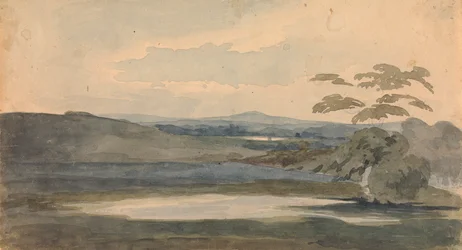 Landskap med träd och berg, sjö i förgrunden