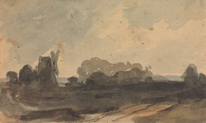 Landskap med träd och väderkvarn